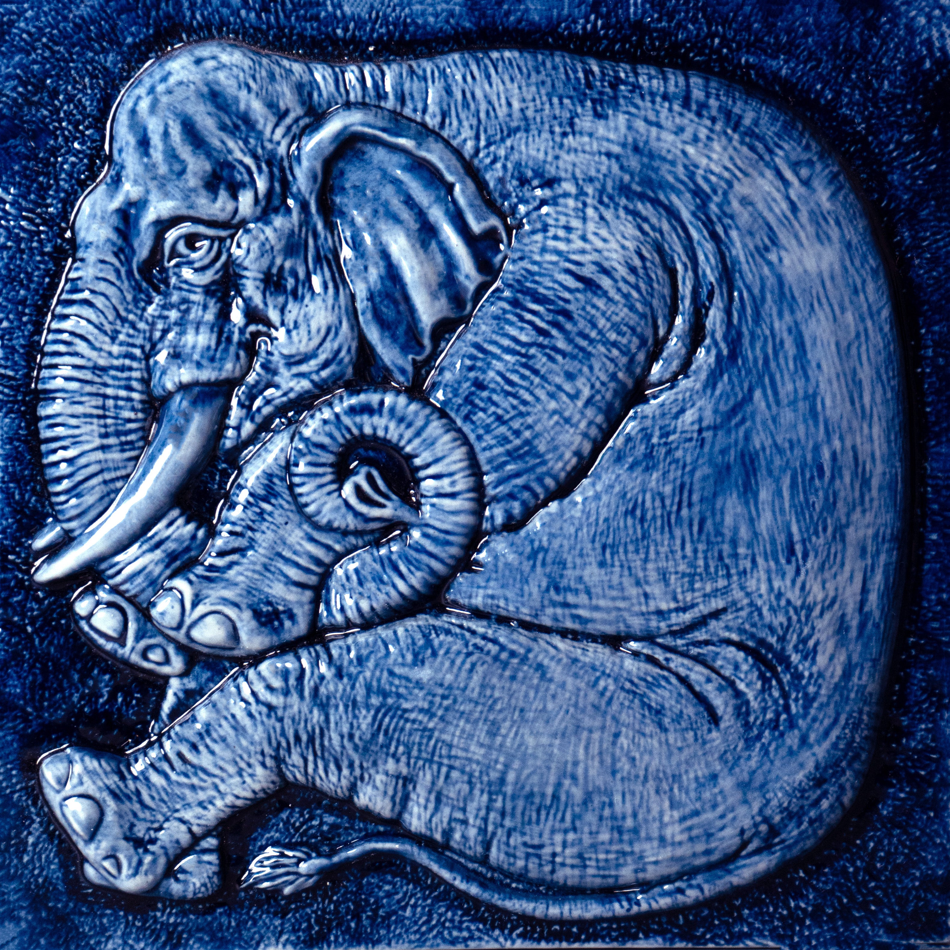 Cobalt elephant bas-relief tile