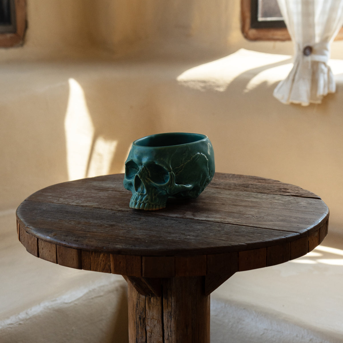 Turquoise Memento Mori Skull Cup 12oz — lifestyle photograph